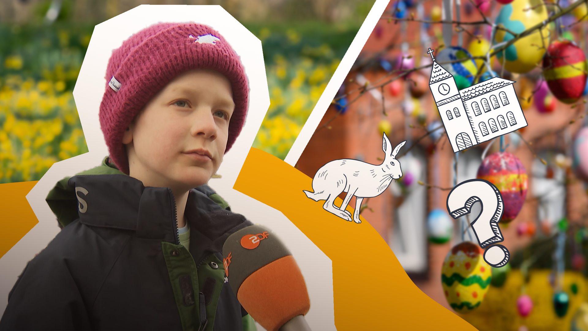 Ein Junge mit einem ZDF-Mikrofon, im Hintergrund sind Symbolbilder von einer Blumenwiese und Osterdekoration