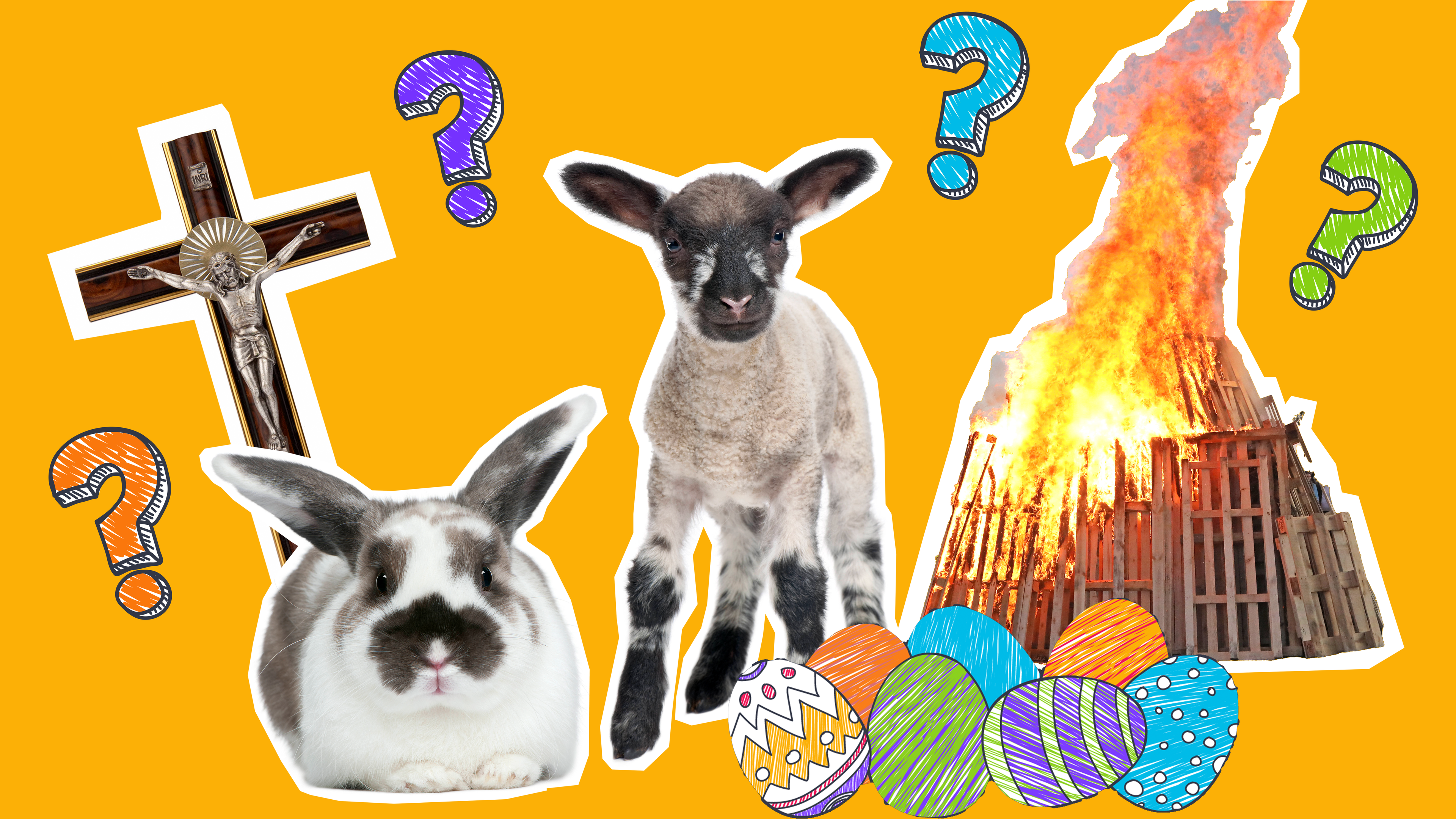 Lamm, Hase, Osterfeuer, Kruzifix und Ostereier auf gelbem Grund mit Fragezeichen