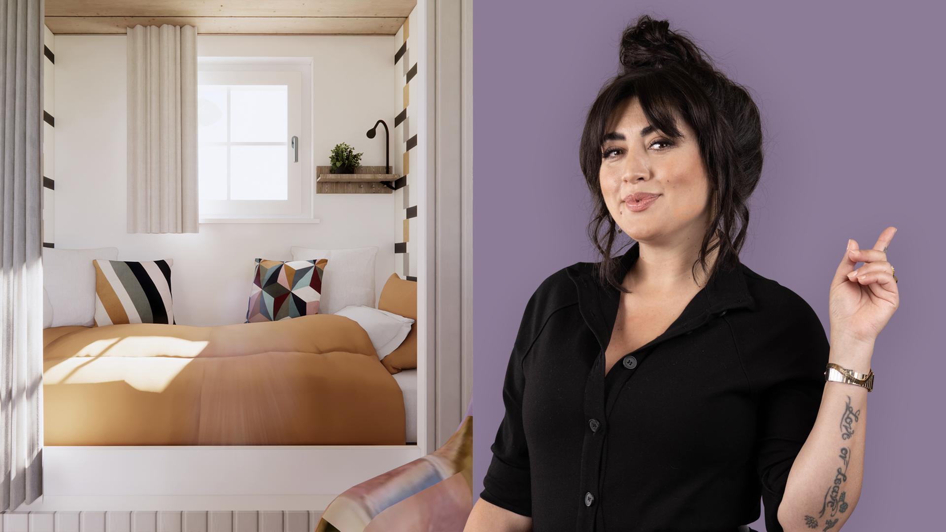 Blick auf ein Bett und die Moderatorin Emell