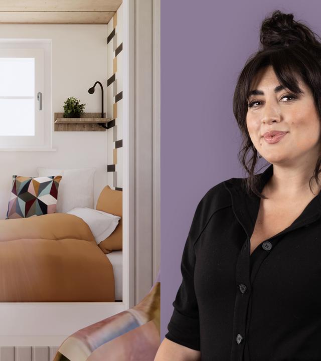 Blick auf ein Bett und die Moderatorin Emell