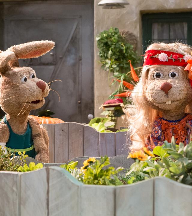 Hase Otto ist zusammen mit seiner Tante Gitte im Garten.