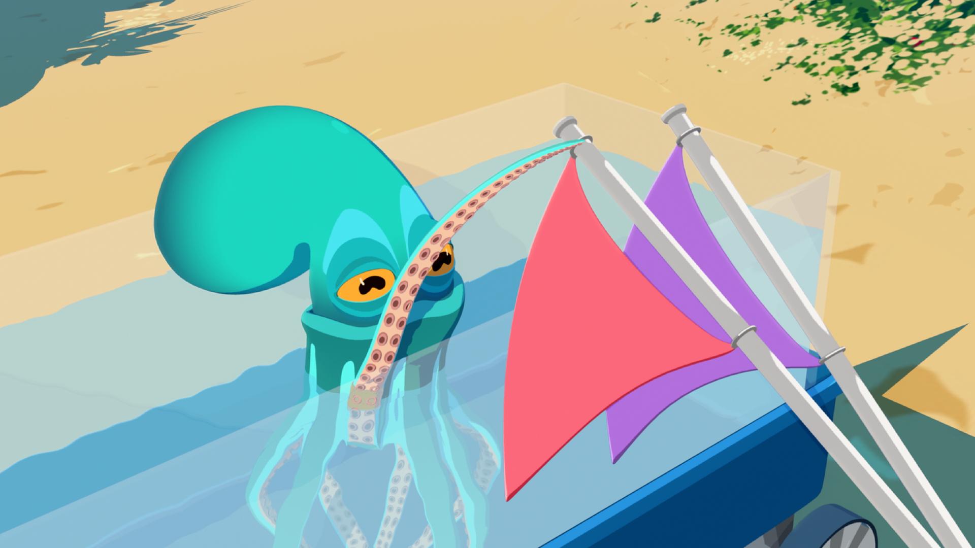 Paco, der Oktopus, schwimmt in einem Wasserbecken und hält zwei Fahnen fest.