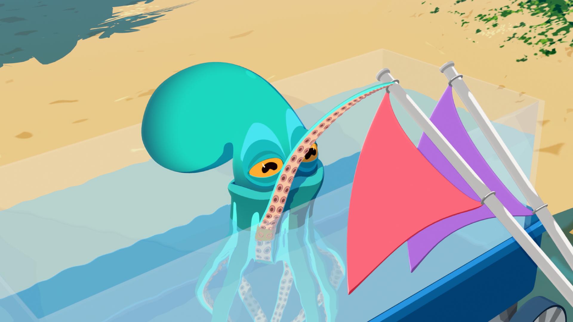 Paco, der Oktopus, schwimmt in einem Wasserbecken und hält zwei Fahnen fest.