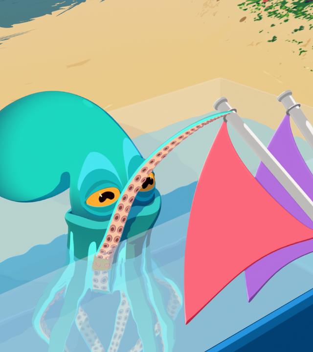 Paco, der Oktopus, schwimmt in einem Wasserbecken und hält zwei Fahnen fest.