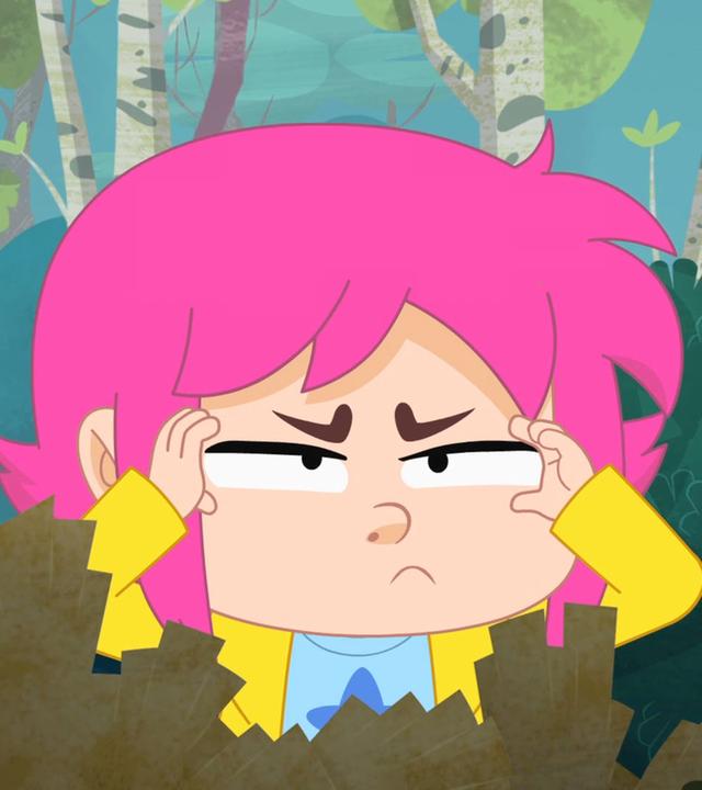 Rebecca und Ernest halten im Wald Ausschau. Mit ihren Händen tun sie so, als würden sie durch ein Fernglas schauen.