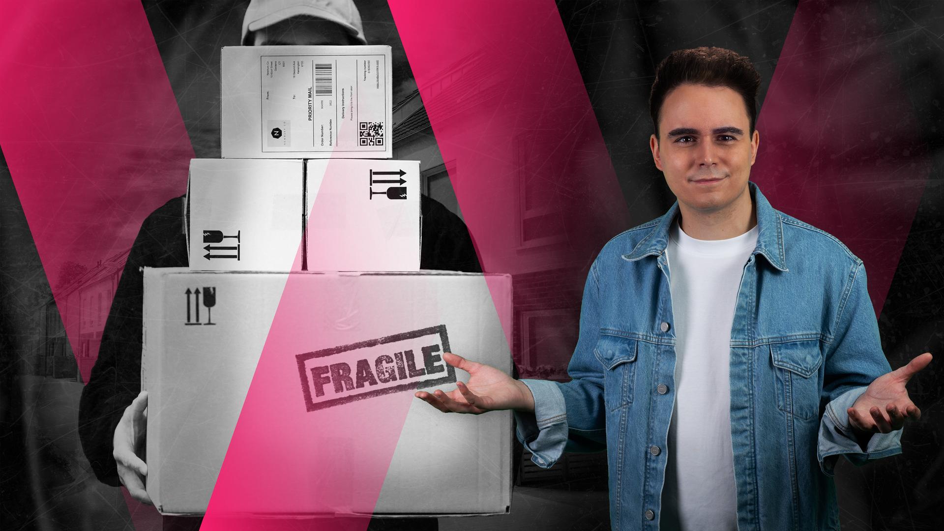 Lukas Klepsch steht rechts im Bild und blickt mit leicht fragender Geste in die Kamera, die Hände geöffnet. Links ist ein Paketbote zu sehen, dessen Gesicht von mehreren gestapelten Kartons verdeckt wird, darunter ein großes Paket mit der Aufschrift „Fragile“. Pinke grafische Elemente überlagern das Bild und erzeugen eine dynamische, magazinartige Optik.