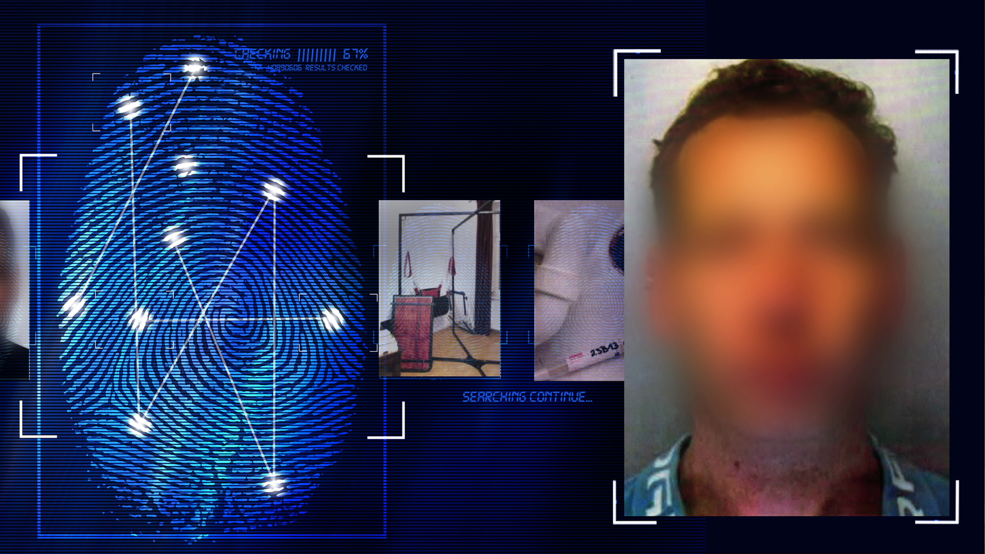 Mann, ca. 40 Jahre schaut frontal in die Kamera. Das Gesicht wurde technisch verfremdet. Er trägt eine dunkle Kurshaarfriseur. Im Anschnitt ist ein türkiser Kragen mit weißer Schrift zu erkennen. Links daneben: Lichtschematische Darstellung eines Fingerabdrucks.