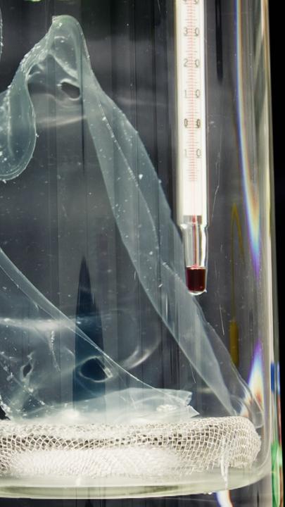 Zu sehen ist ein Glasbehälter, in dem das Plastik recyclet wird.