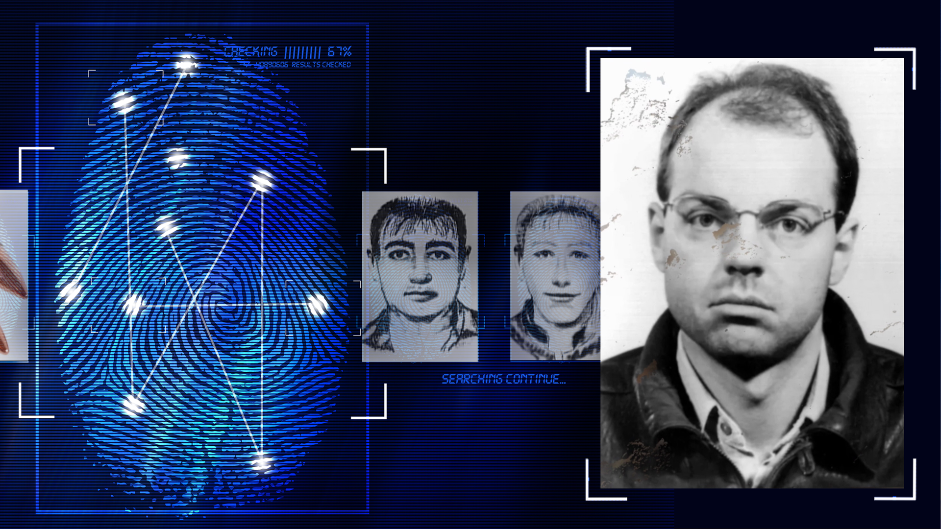 Ein Portraitfoto zeigt den Entführer Thomas Drach. Links daneben: Lichtschematische Darstellung eines Fingerabdrucks.
