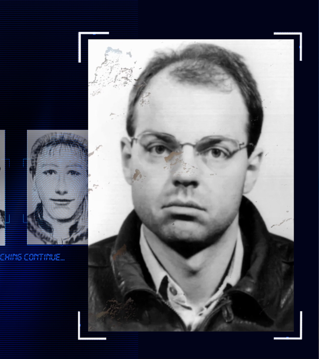 Ein Portraitfoto zeigt den Entführer Thomas Drach. Links daneben: Lichtschematische Darstellung eines Fingerabdrucks.