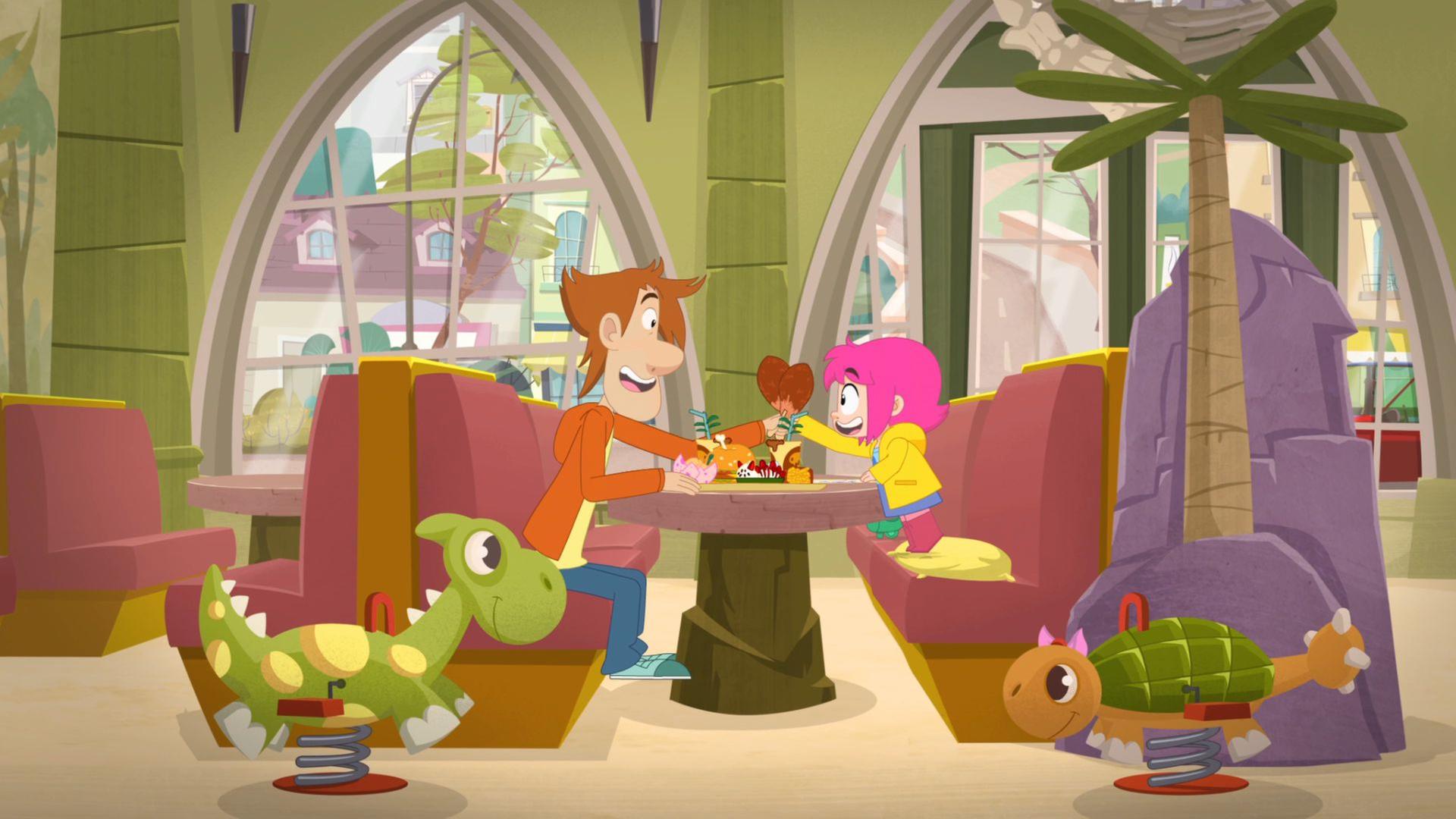 Rebecca und ihr Papa sitzen im Dino-Café und stoßen mit zwei Hähnchenkeulen an.