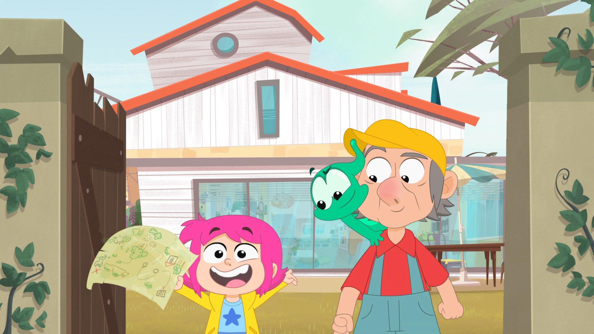 Rebecca (Mitte) streckt erfreut die Arme in die Luft. Sie hält eine Schatzkarte in der Hand. Neben ihr steht ihr Opa (rechts), auf dessen Schulter Ernest sitzt.