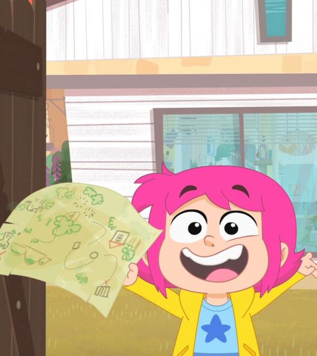 Rebecca (Mitte) streckt erfreut die Arme in die Luft. Sie hält eine Schatzkarte in der Hand. Neben ihr steht ihr Opa (rechts), auf dessen Schulter Ernest sitzt.