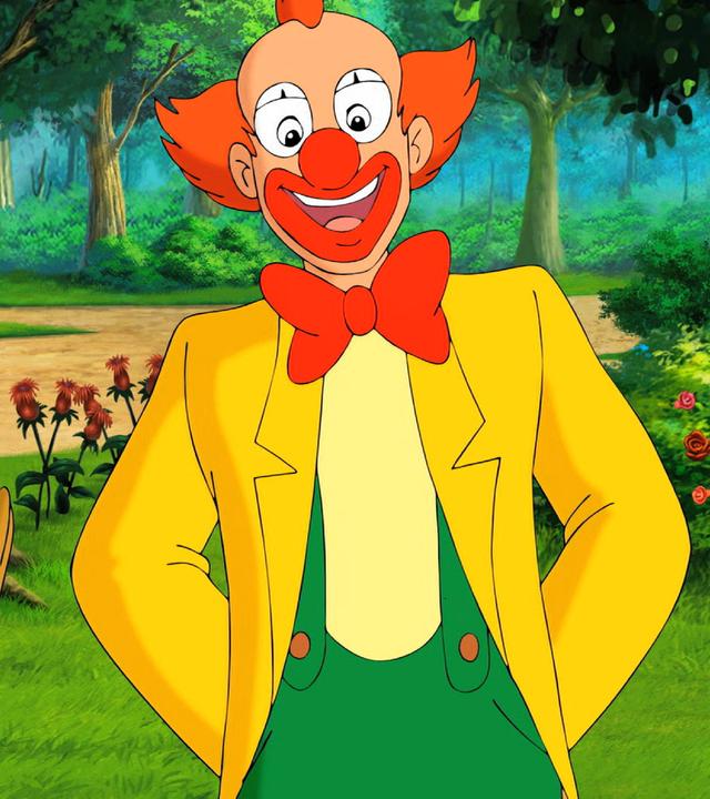 Bibi steht neben einem lustig geschminkten Clown im Garten. Der Clown ist ihr Vater.