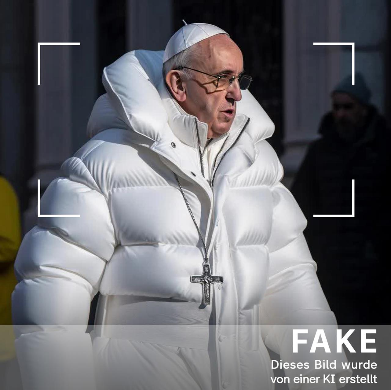 Papst Franziskus trägt eine weiße Daunenjacke und eine Kette mit einem silbernen großen Kruzifix: Dieses Foto wurde mit Künstlicher Intelligenz erstellt und ist nicht echt.