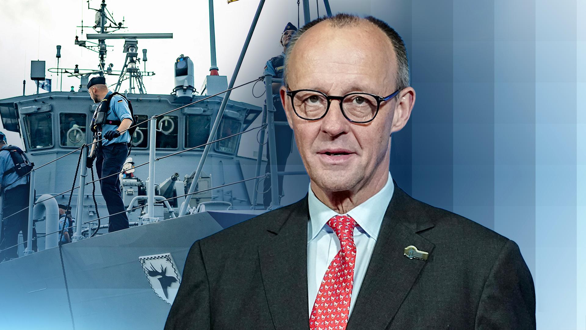 Bundeskanzler Friedrich Merz, im Hintergrund: ein Boot