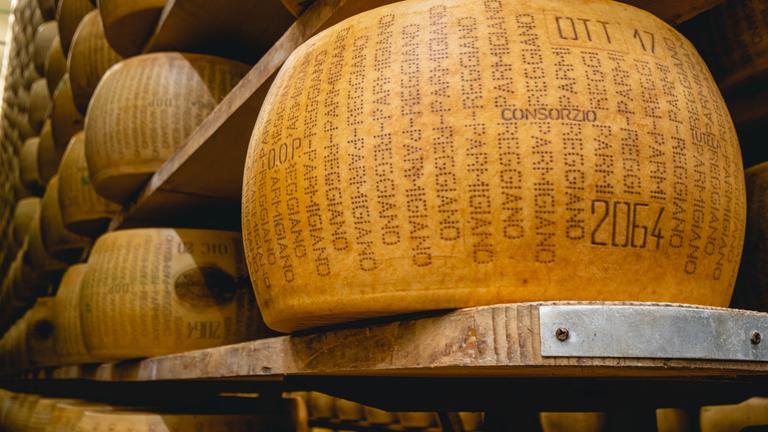 Ein zertifizierter Parmigiano-Reggiano-Käselaib, der im Lager eines Käsereibetriebs reift.