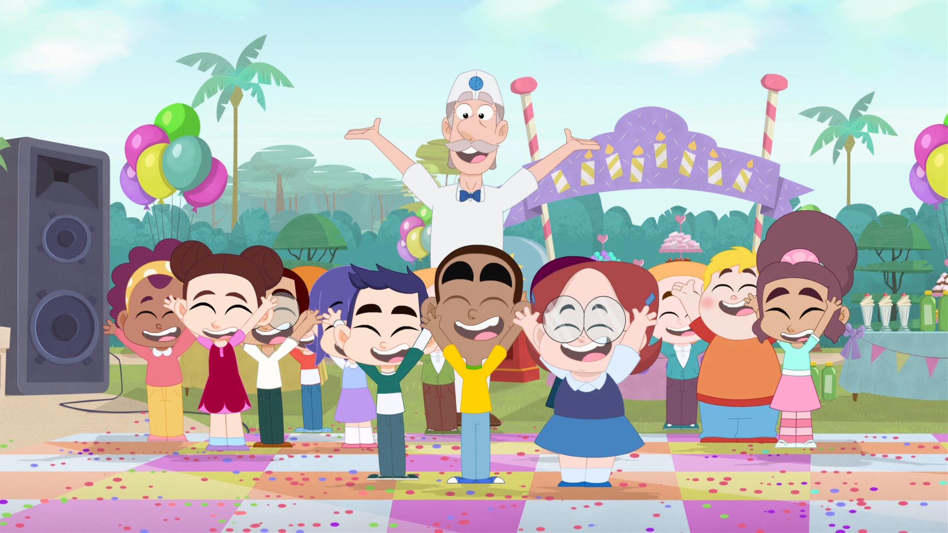 Eine Gruppe von Kindern, Rebeccas Freunde, stehen mit ausgebreiteten Armen und fröhlichen Mienen auf einem bunten, mit Konfetti übersähten Boden im Garten. Alles ist für eine Party dekoriert.