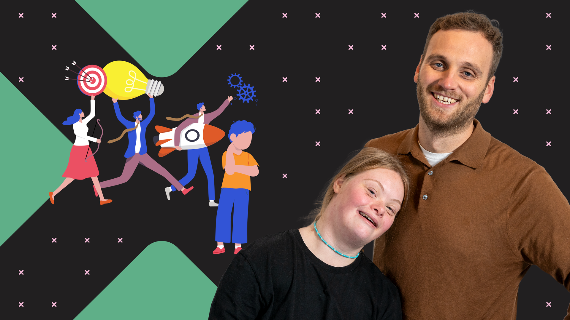 Leon Windscheid steht lächelnd neben Amelie Gerdes, die mit Trisomie 21 lebt. Im Hintergrund symbolisieren bunte Illustrationen Perfektionismus, Leistungsdruck und gesellschaftliche Erwartungen.