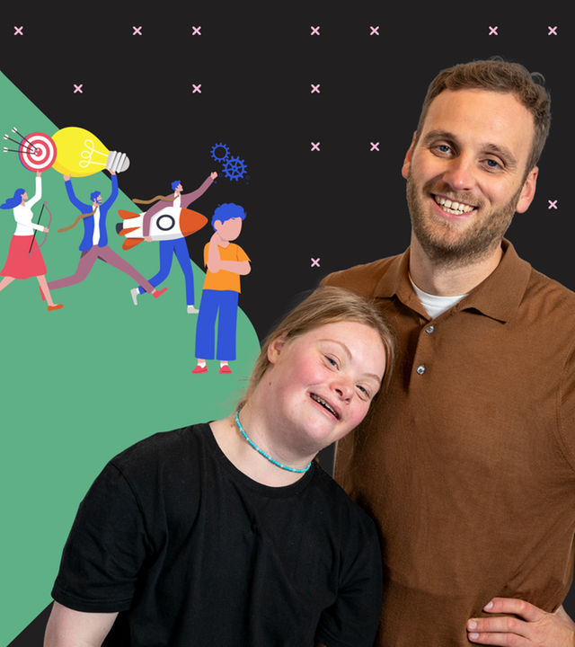 Leon Windscheid steht lächelnd neben Amelie Gerdes, die mit Trisomie 21 lebt. Im Hintergrund symbolisieren bunte Illustrationen Perfektionismus, Leistungsdruck und gesellschaftliche Erwartungen.