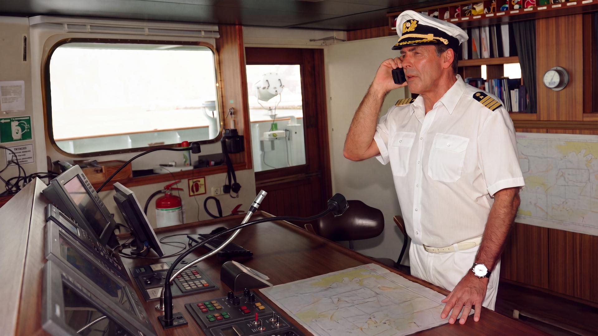 Kapitän Victor Burger (Sascha Hehn) steht telefonierend in Uniform auf der Brücke.