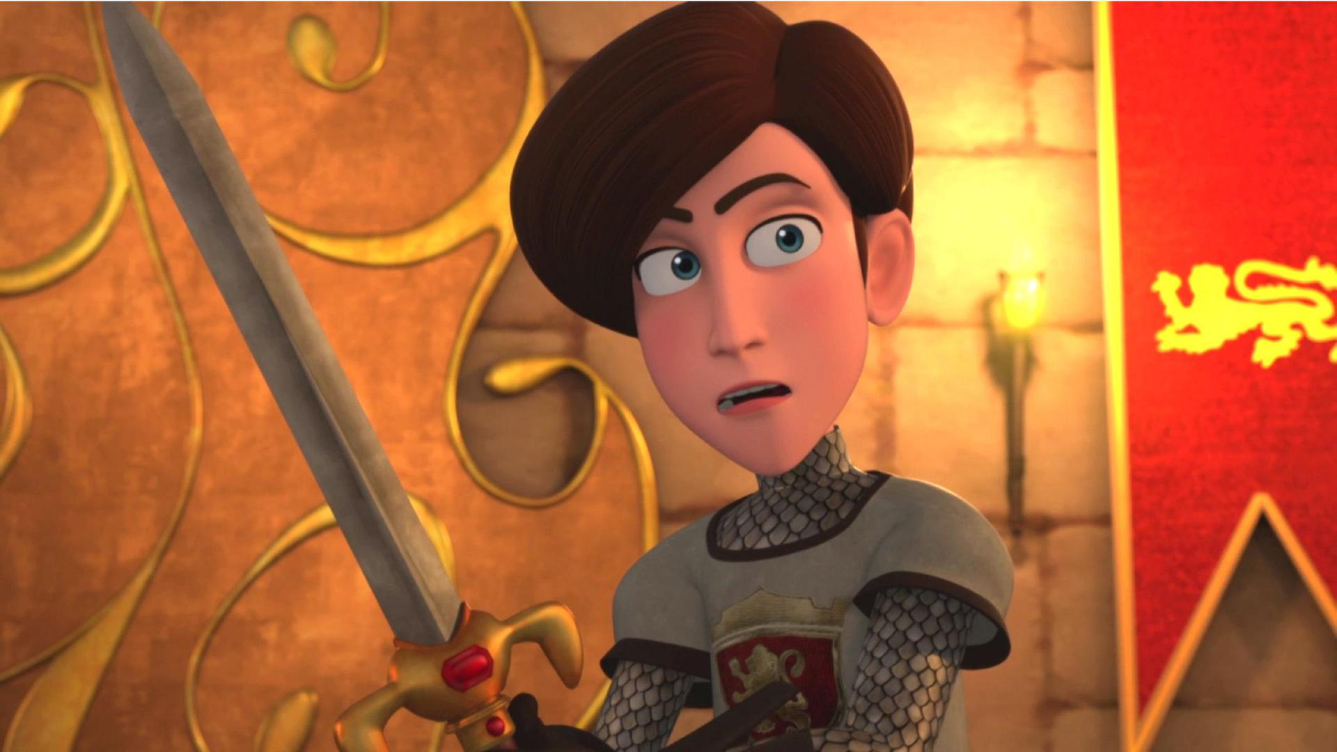 Ritter Peter hält sein Schwert zum Angriff bereit und schaut erschrocken.