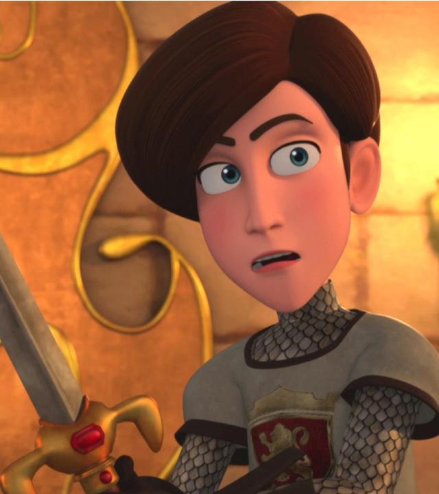 Ritter Peter hält sein Schwert zum Angriff bereit und schaut erschrocken.