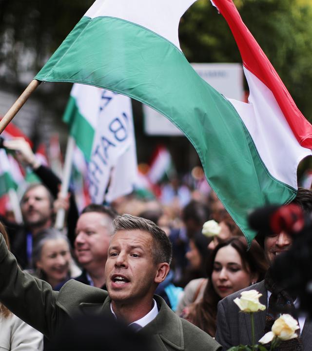 Ein Mann der eine Fahne hält läuft bei einer Demonstration mit.