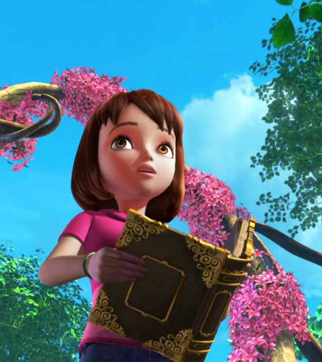 Wendy liest ein Buch im geheimen Garten. Über ihr ranken sich Blumen.