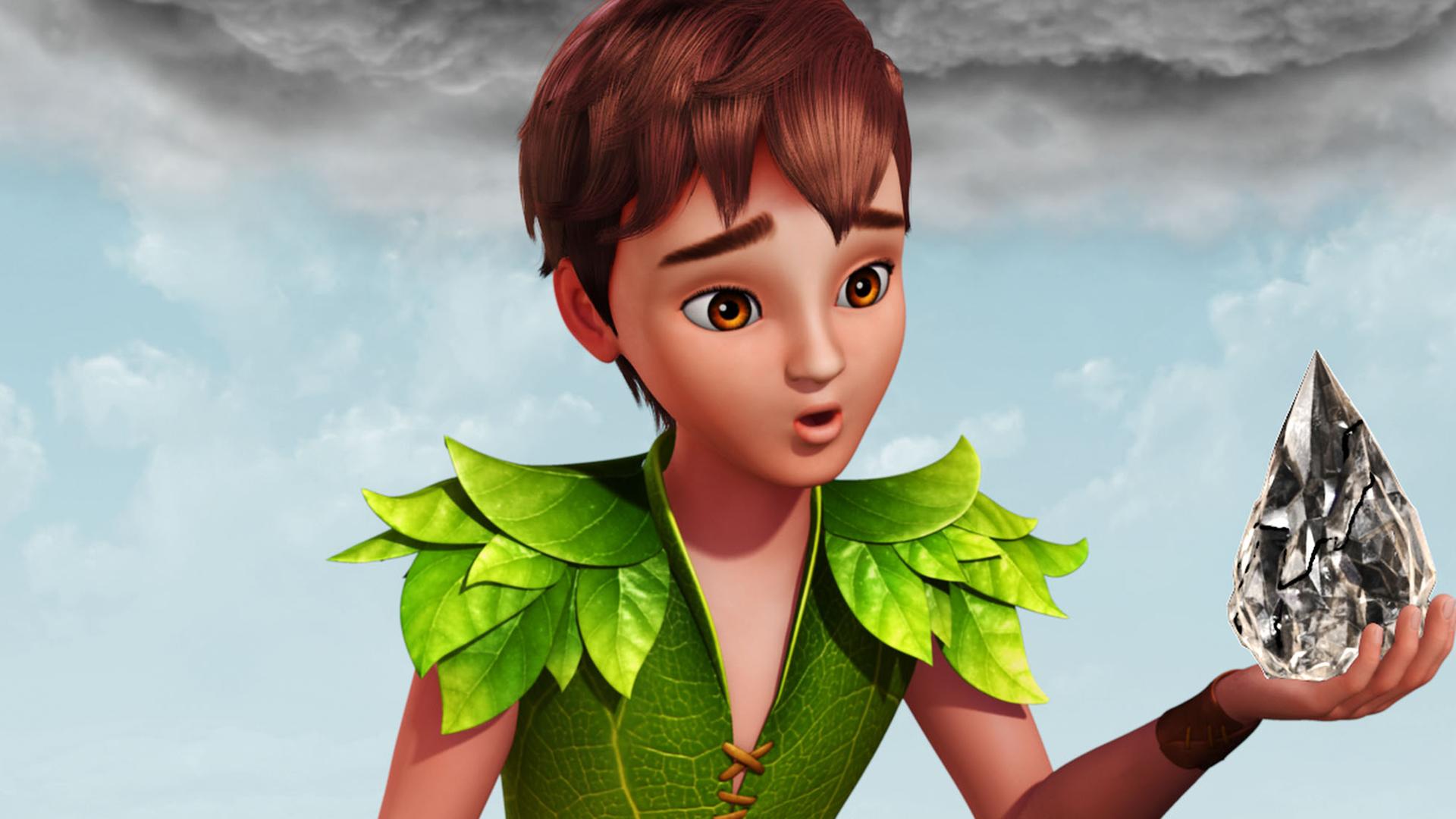 Peter Pan schaut den Stein der Zwietracht an, den er mit der linken Hand hochhält. Hinter ihm ziehen dunkle Wolken auf.