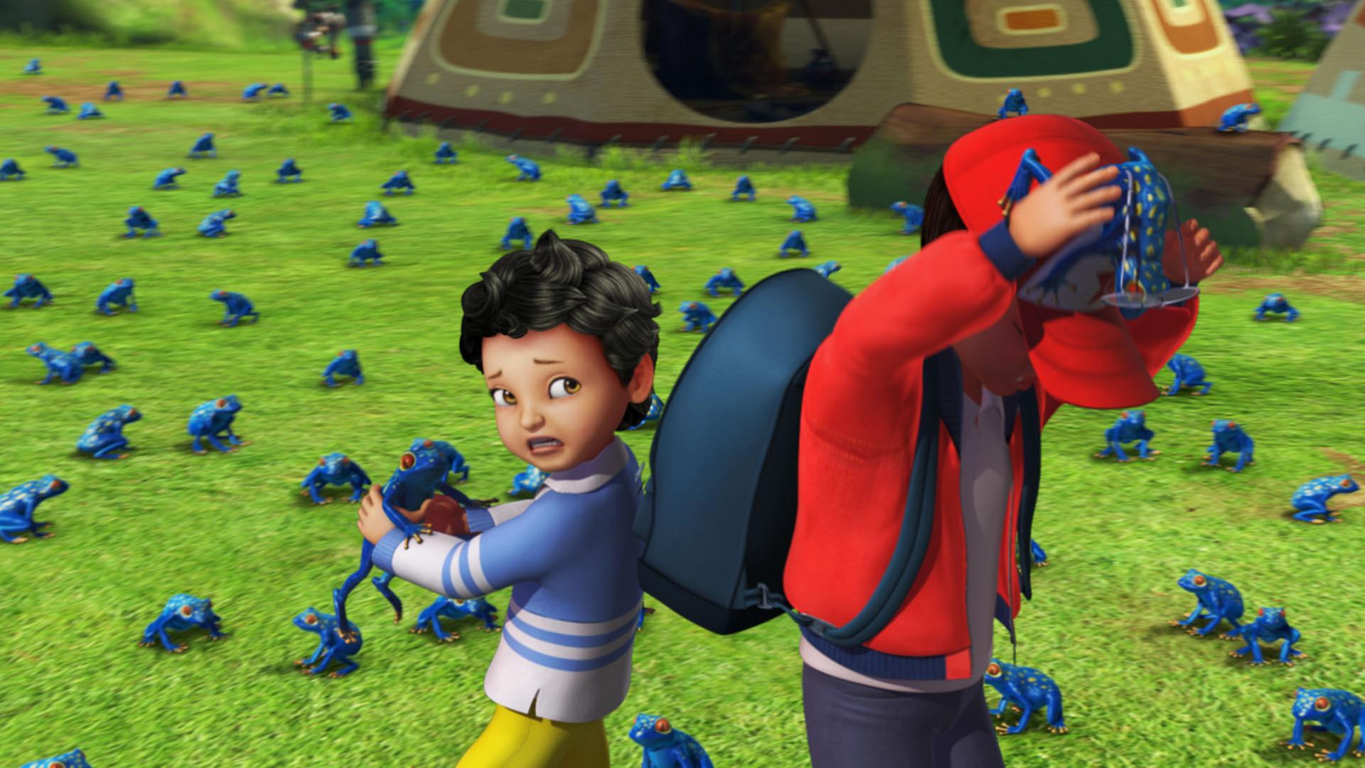 John und Michael versuchen sich vor den Fröschen in Sicherheit zu bringen. John zieht bereits den Kopf ein, während Michael mit einem Frosch in den Händen ringt.