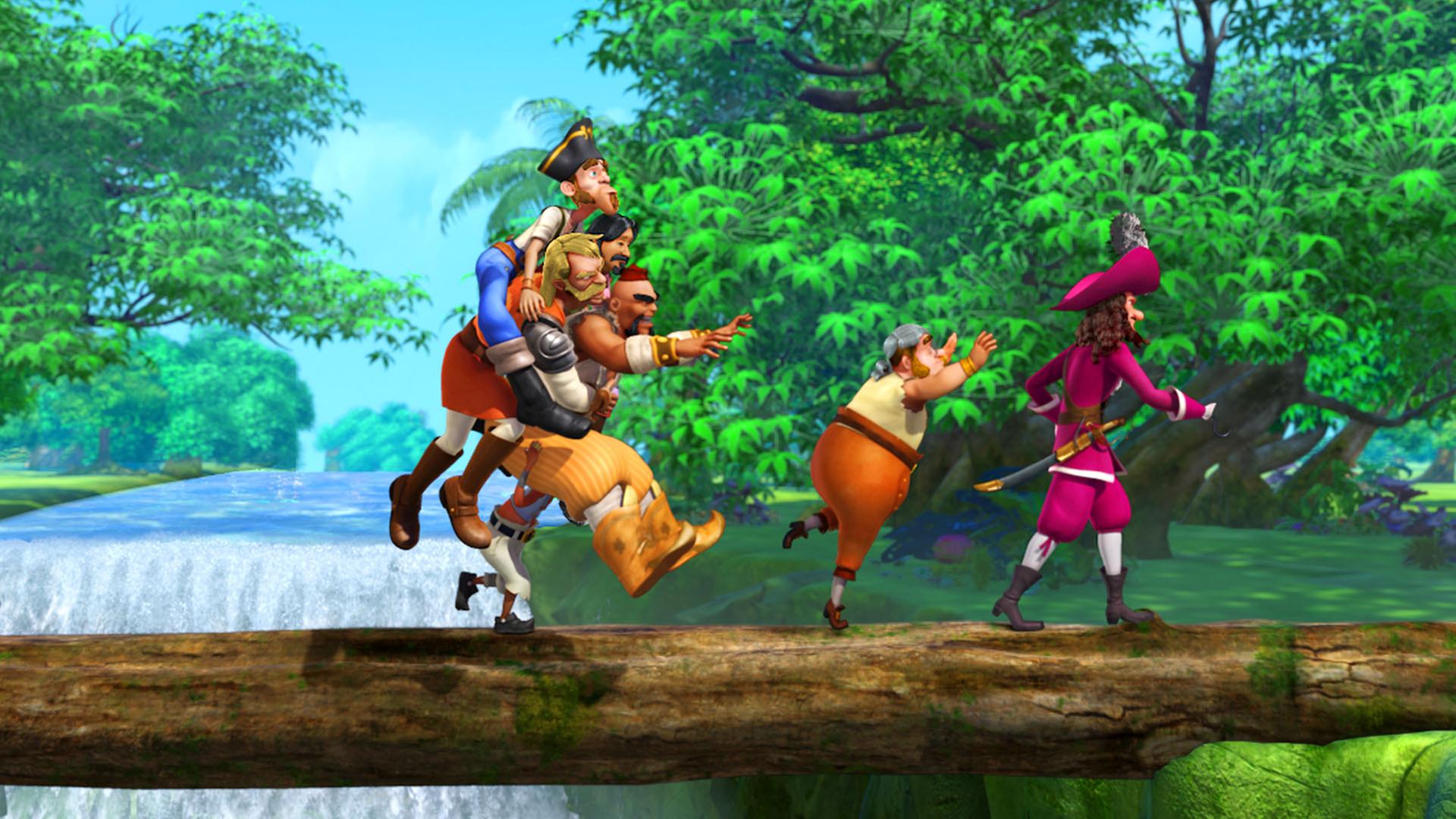 Piraten überqueren unter Führung Hooks den Fluss auf einem Baumstamm.