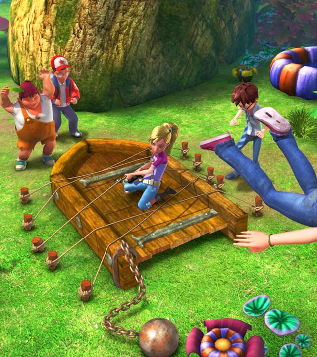 Die Verlorenen Kinder fesseln die Monstertür an den Boden. Im Vordergrund fliegt ein Mädchen vorbei.