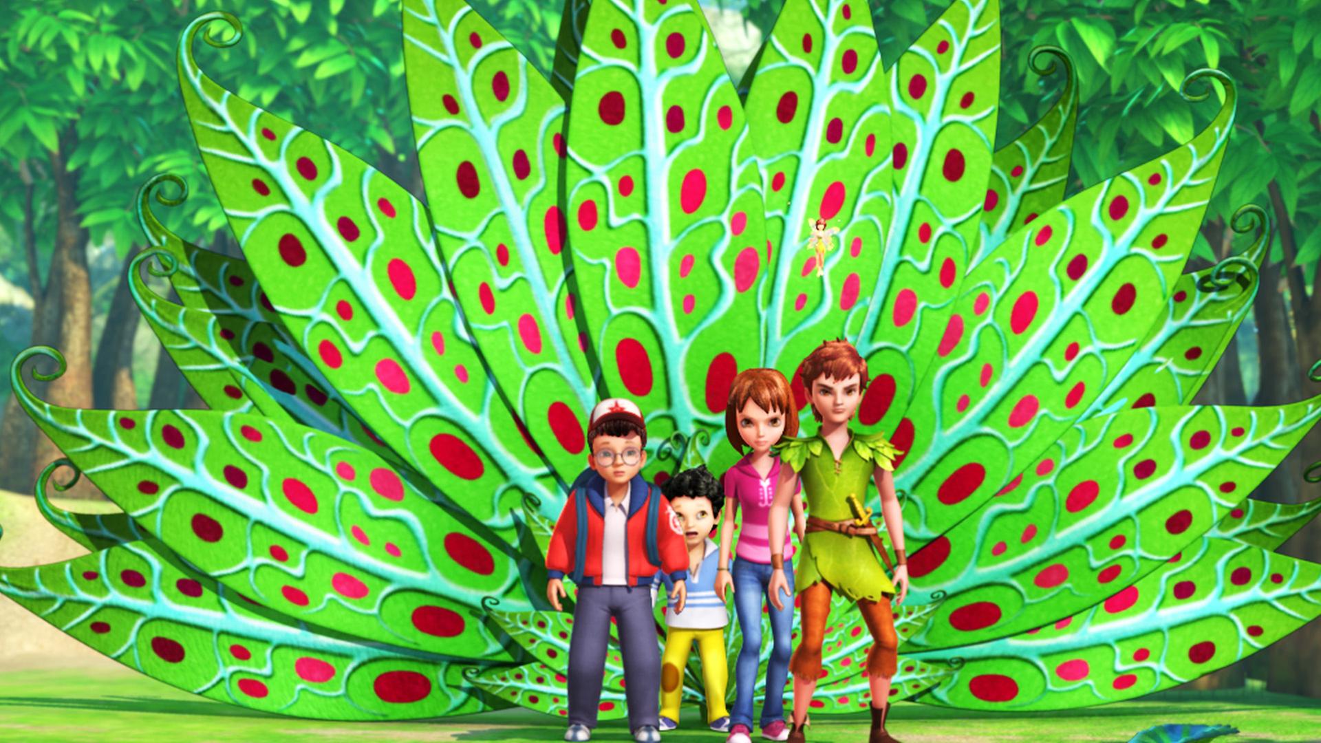 Peter, Wendy und die Jungs stehen vor einer großen Pflanze, deren Blätter große rote Punkte haben.