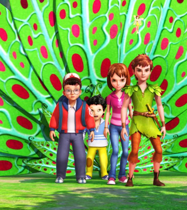 Peter, Wendy und die Jungs stehen vor einer großen Pflanze, deren Blätter große rote Punkte haben.
