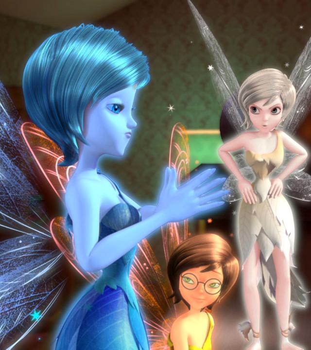 Die drei Tinker Bells diskutieren. Blau hat die Hände ineinander gefaltet, gelb sitzt und weiß hat die Hände in die Hüften gestemmt.