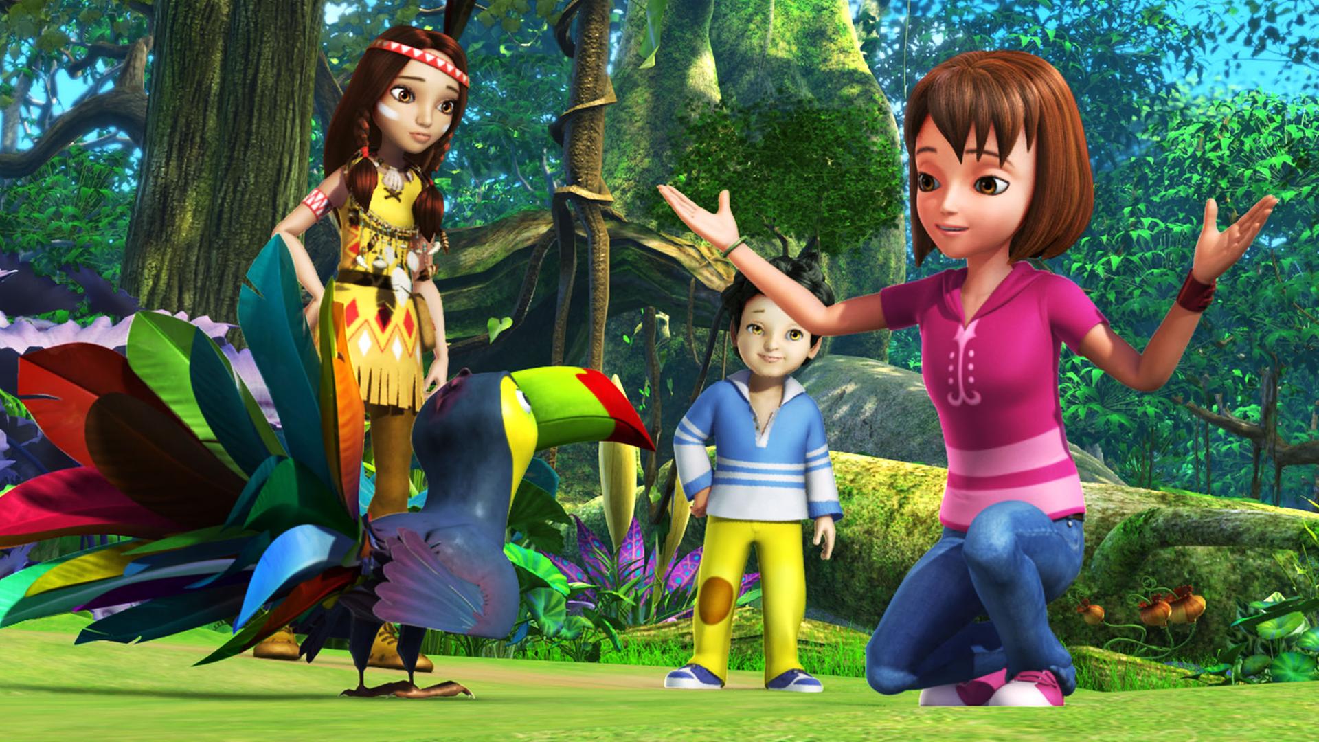 Wendy redet mit dem Vogel, während Michael und Indianerin Lili aus dem Hintergrund heraus zuschauen.