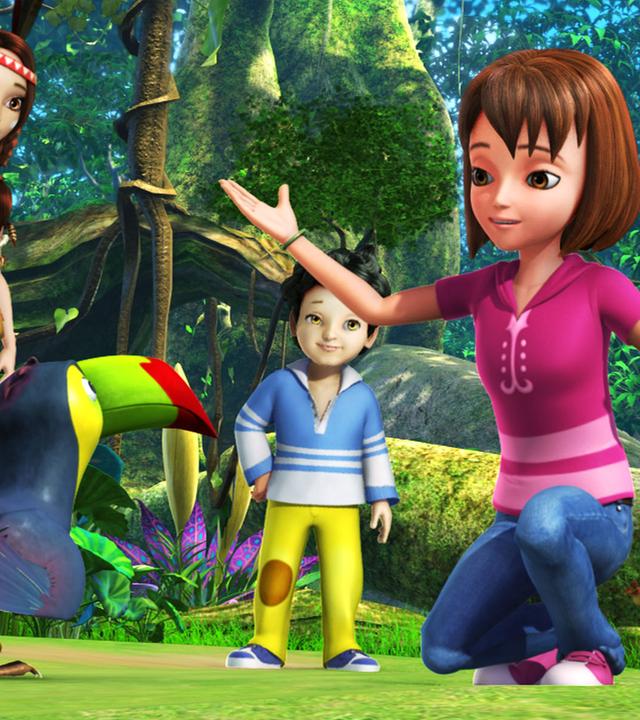 Wendy redet mit dem Vogel, während Michael und Indianerin Lili aus dem Hintergrund heraus zuschauen.