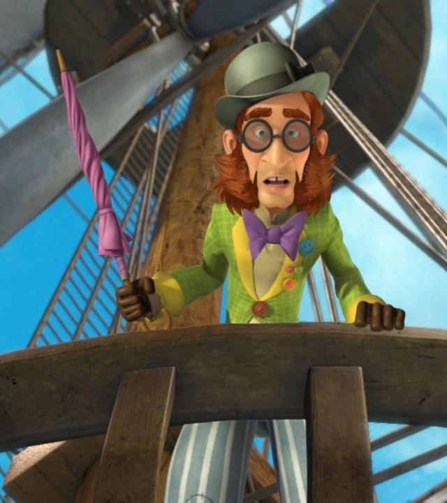 Mr. Ploof auf Hooks Schiff - mit Regenschirm in der Hand