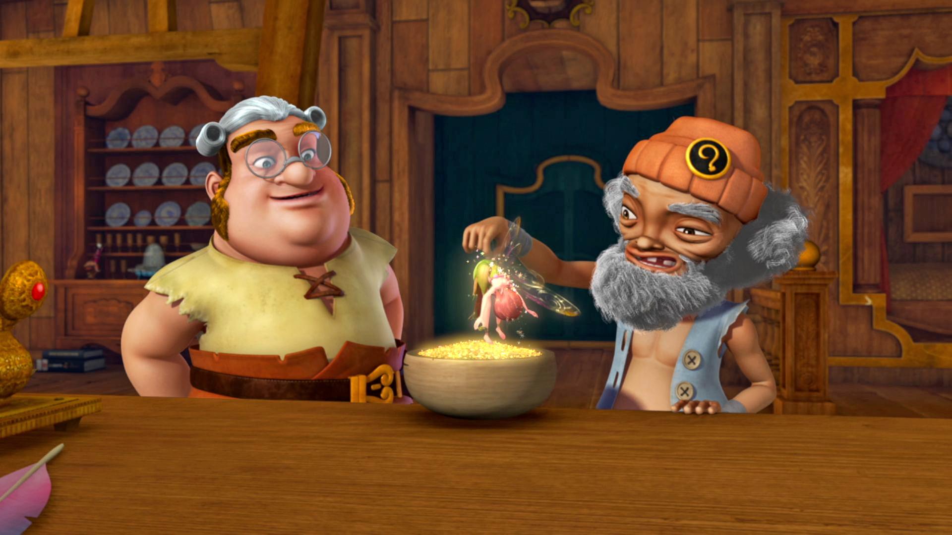 Zwei Piraten schütteln den goldenen Feenstaub aus Tinker Bell heraus in eine prall gefüllte Schale.