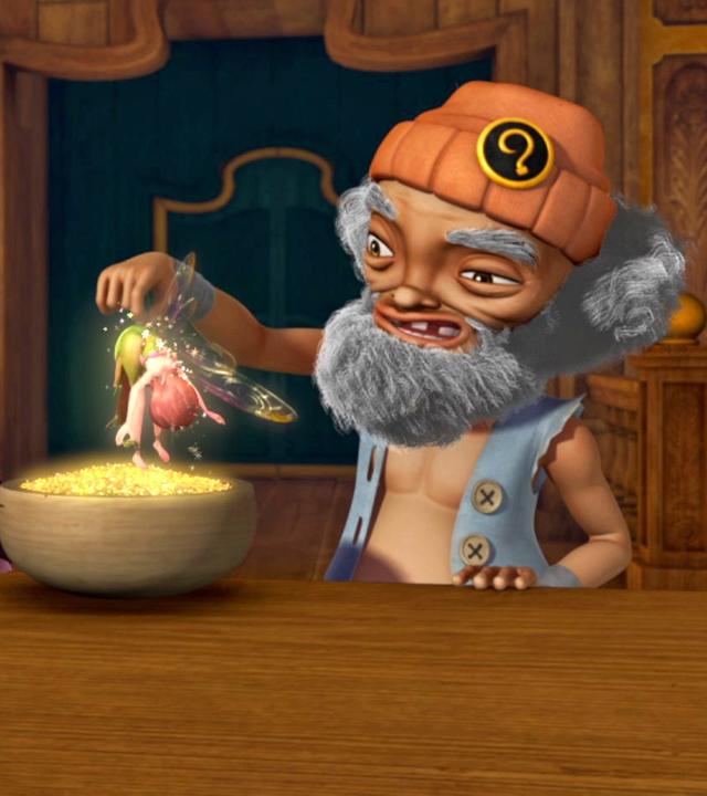 Zwei Piraten schütteln den goldenen Feenstaub aus Tinker Bell heraus in eine prall gefüllte Schale.