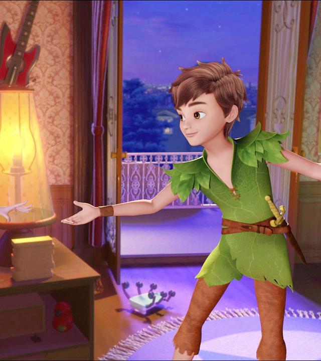 Peter Pan bittet um Wendys Hand. Wendy streckt ihm ihre Hand entgegen.