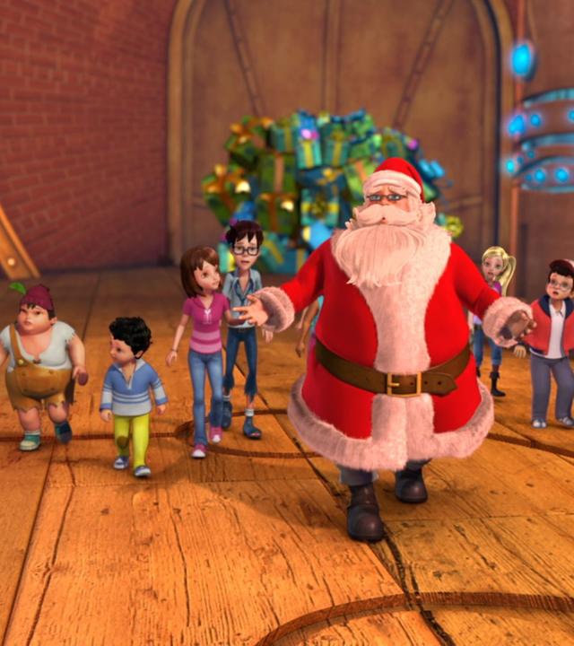 Der Weihnachtsmann läuft zusammen mit Peter Pan und den anderen Kindern durch die Werkstatt des Weihnachtsmanns.