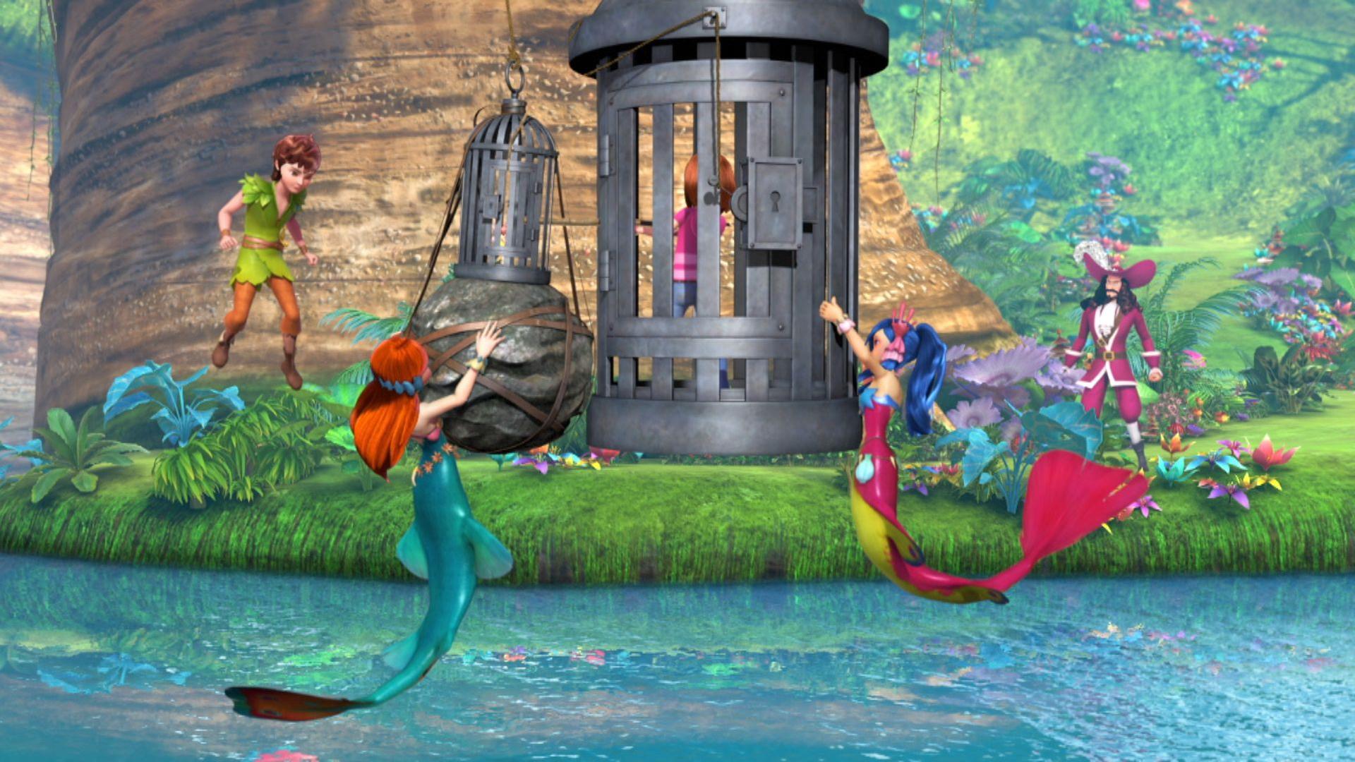 Zwei Käfige hängen über dem Fluss. In ihnen befinden sich Wendy und Tinkerbell. Zwei Meerjungfrauen versuchen sie zu befreien, während Hook und Peter Pan im Hintergrund zuschauen.
