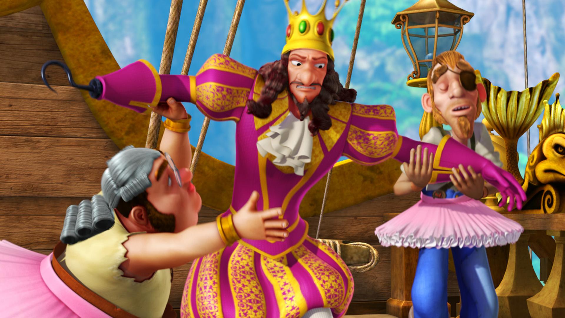 Die Piraten und Hook tragen ungewollt pinke Kostüme und Kleider.