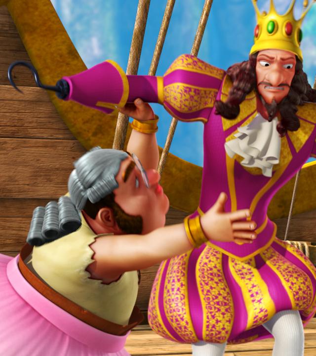 Die Piraten und Hook tragen ungewollt pinke Kostüme und Kleider.