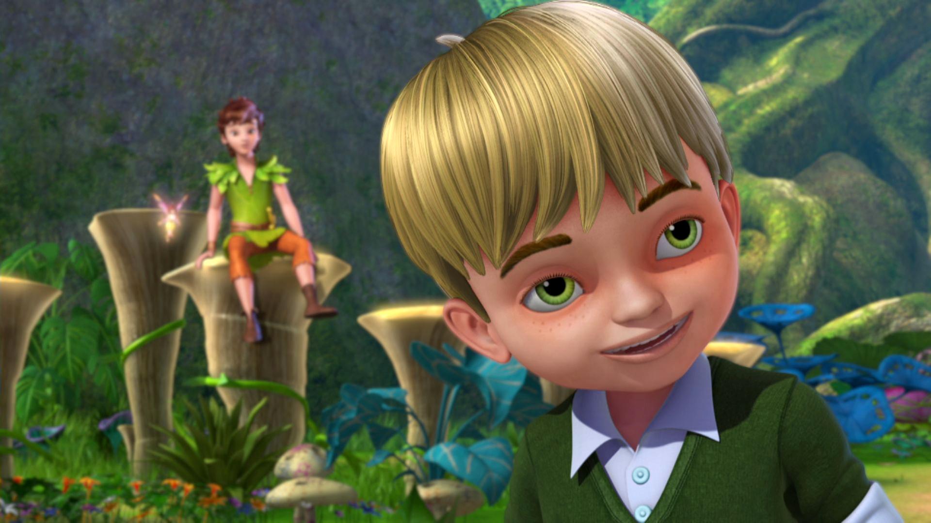 Loki der Geist, als unheimlich grinsender Junge (vorne rechts). Peter Pan sitzt im Hintergrund auf einem Pilz (links).