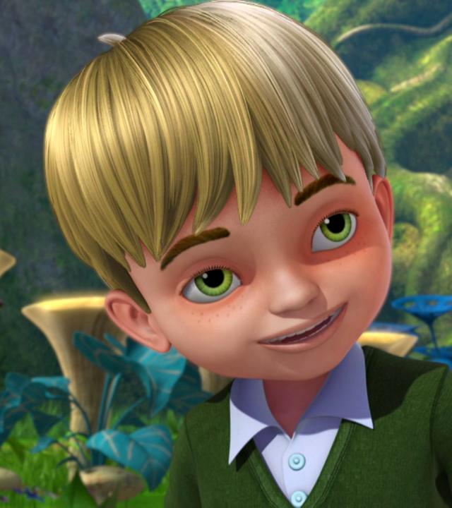 Loki der Geist, als unheimlich grinsender Junge. Peter Pan sitzt im Hintergrund auf einem Pilz.