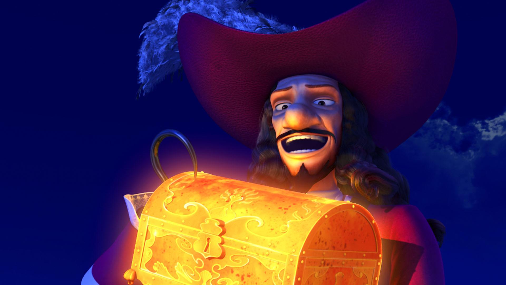 Hook hält eine goldene Schatztruhe in der Hand.