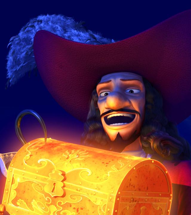 Hook hält eine goldene Schatztruhe in der Hand.